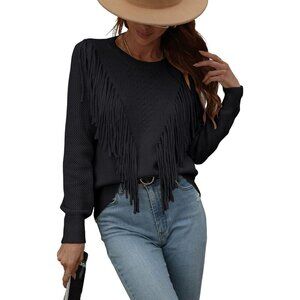 Women's Knit Crewneck Sweater Fringe Tassels Long Sleeve Casual Top